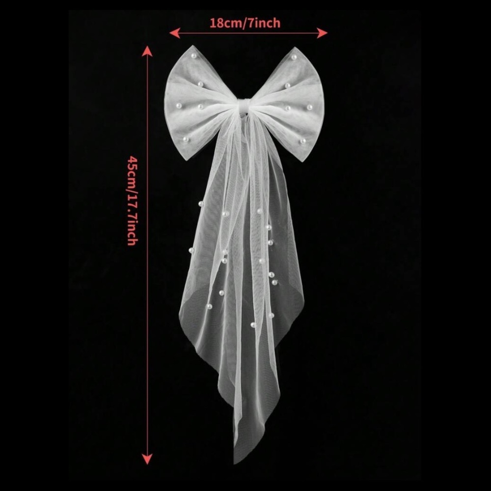 Pearl Tulle Bridal Bow Polka Dot Veil Clip Romantic Bride Hair - Picture 6 of 6